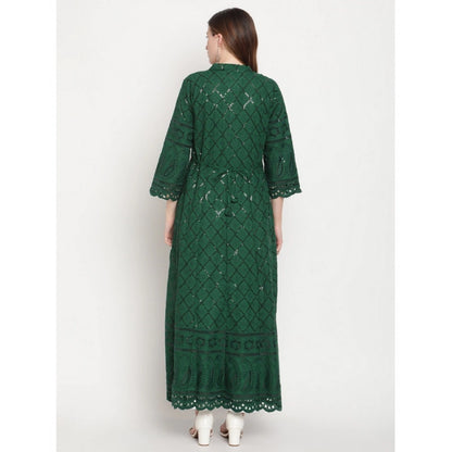 Roneclick Women's Casual 3/4th Sleeve Embroidered Cotton Kurti (Dark Green)