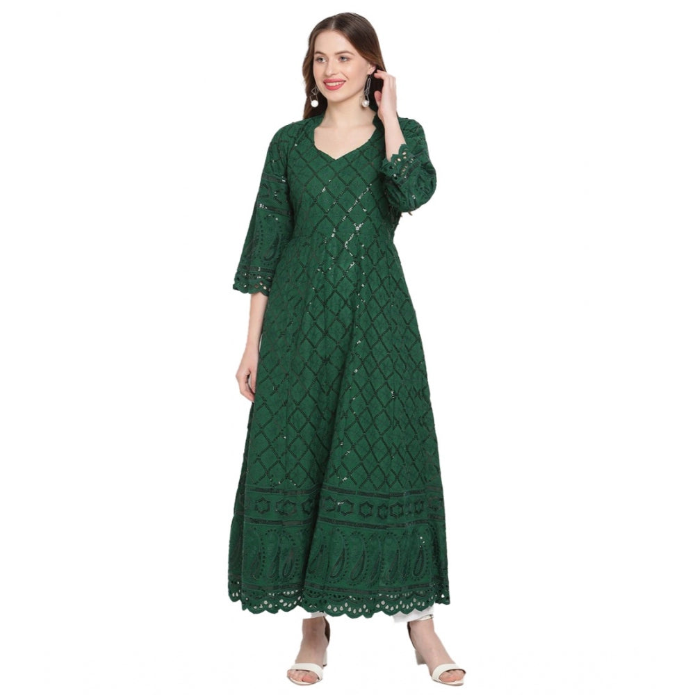 Roneclick Women's Casual 3/4th Sleeve Embroidered Cotton Kurti (Dark Green)