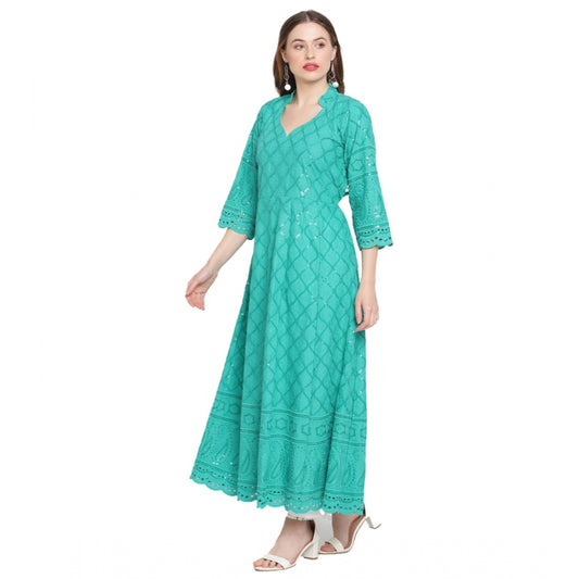 Roneclick Women's Casual 3/4th Sleeve Embroidered Cotton Kurti (Blue)