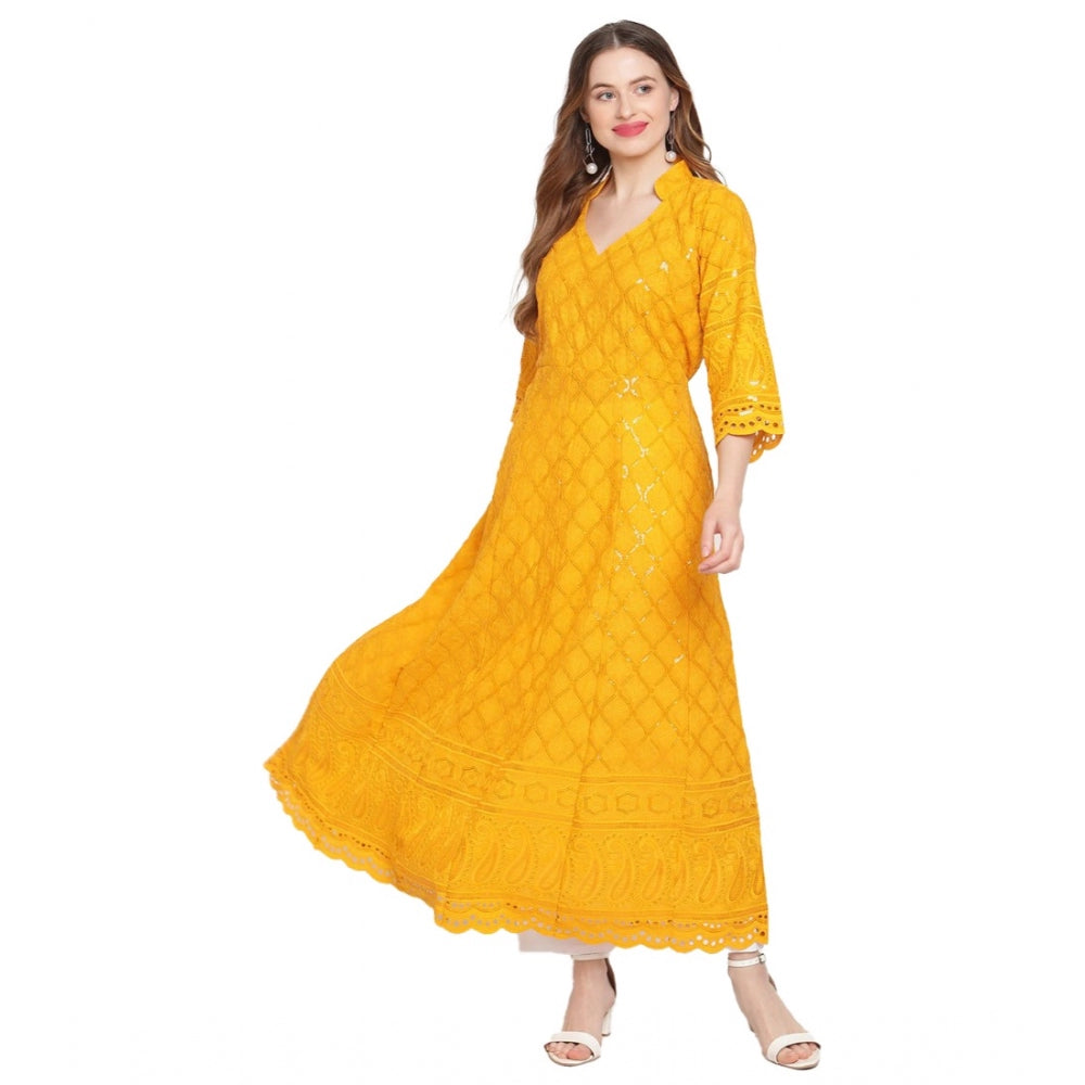 Roneclick Women's Casual 3/4th Sleeve Embroidered Cotton Kurti (Mustard)