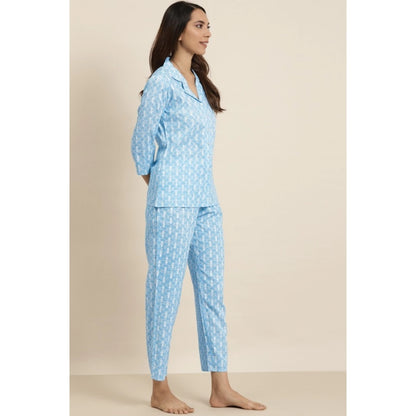 Roneclick Women's Casual 3/4 th Sleeve Floral Printed Rayon Shirt With Pyjama Pant Night Suit Set (Blue)