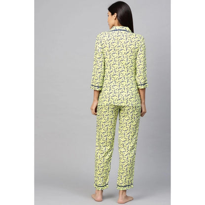 Roneclick Women's Casual 3/4 Sleeve Floral Printed Rayon Shirt With Pyjama Pant Night Suit Set (Green)