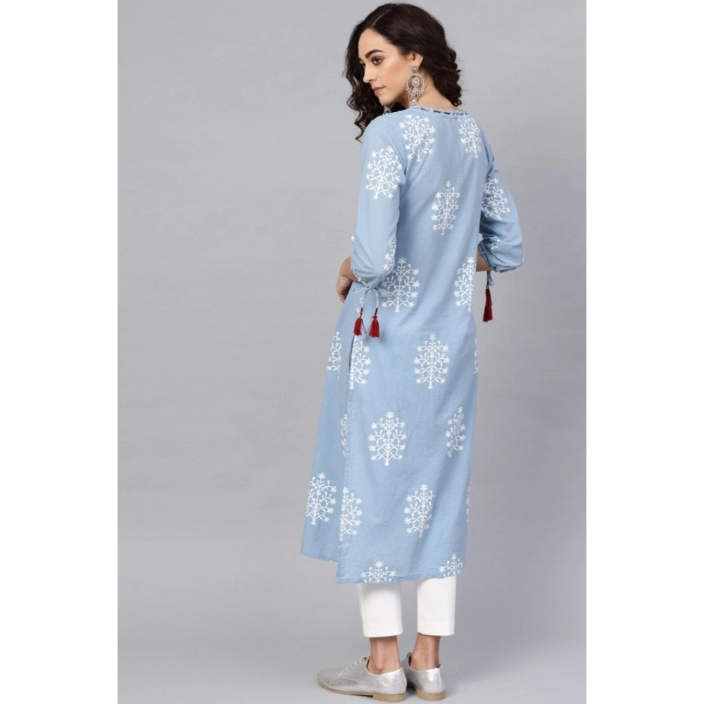 Roneclick Women's Casual 3/4 th Sleeve Embroidery Cambric Cotton Kurti (Blue)