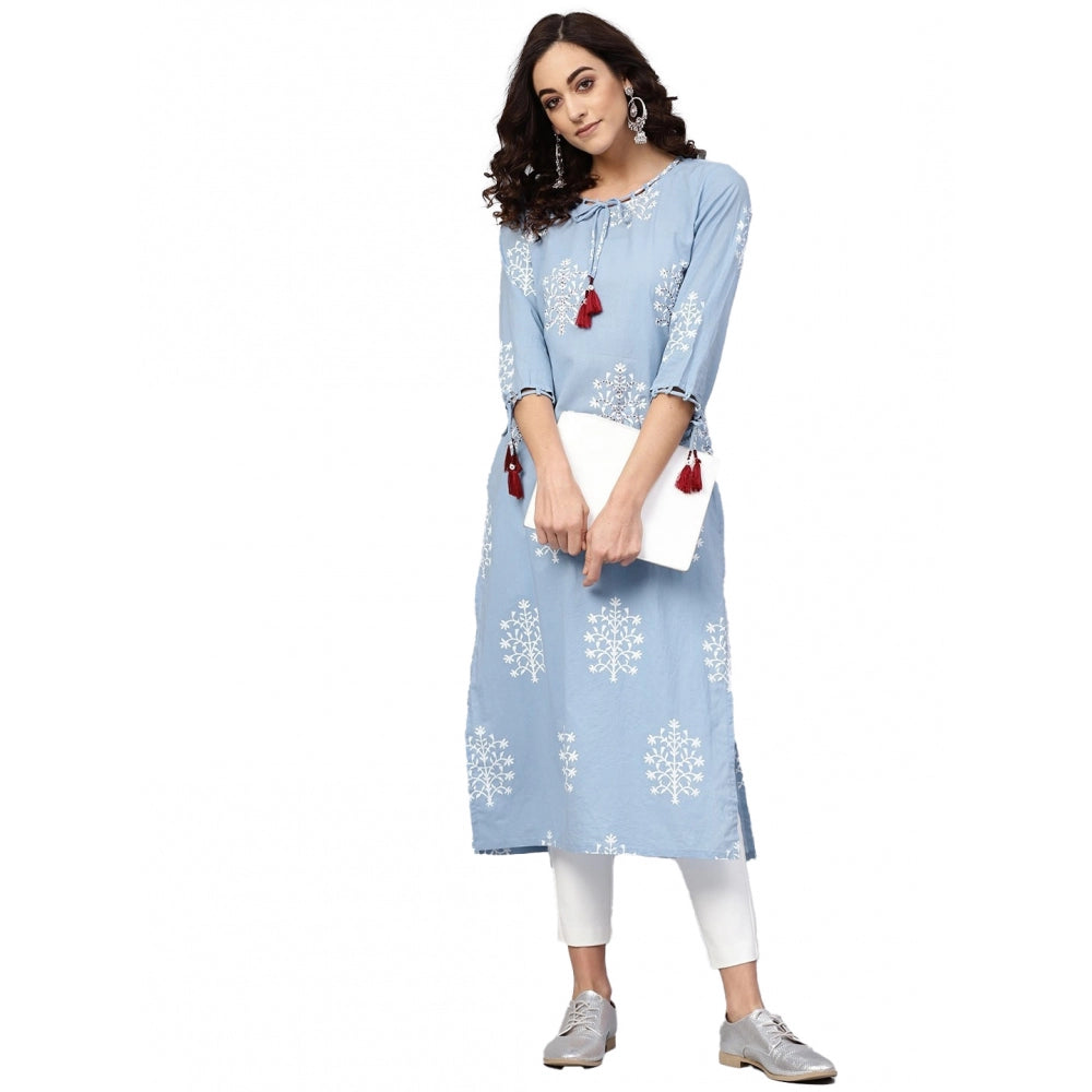 Roneclick Women's Casual 3/4 th Sleeve Embroidery Cambric Cotton Kurti (Blue)