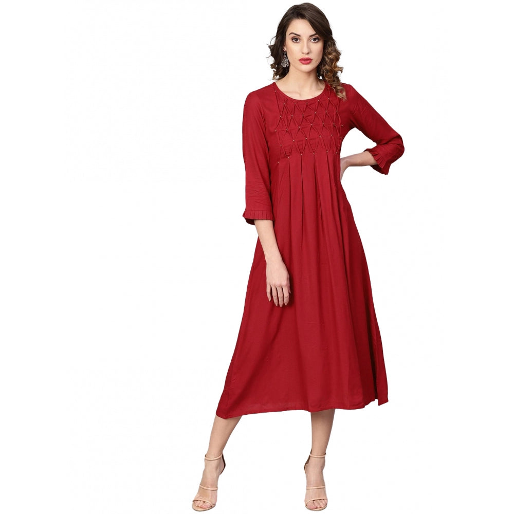 Roneclick Women's Casual 3/4 th Sleeve Solid Rayon Dobby Dress (Maroon)