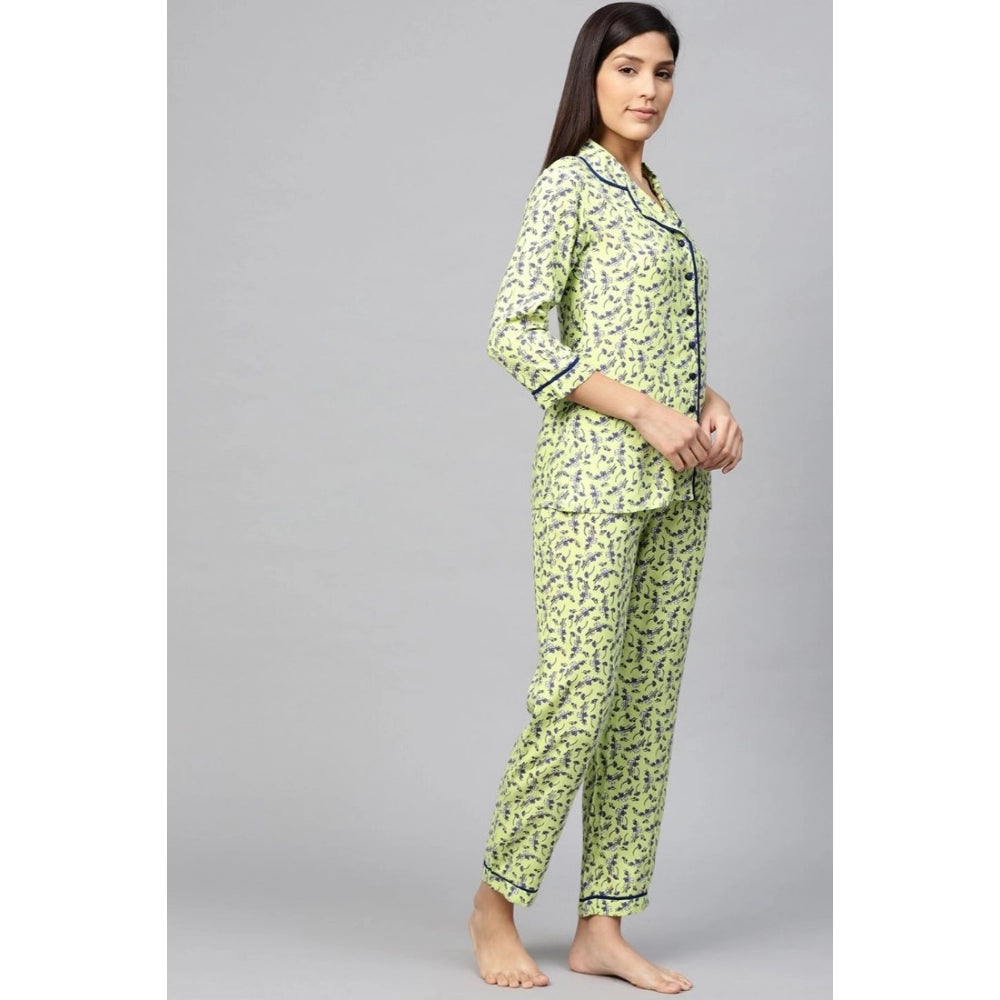 Roneclick Women's Casual 3/4 Sleeve Floral Printed Rayon Shirt With Pyjama Pant Night Suit Set (Green)