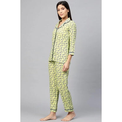 Roneclick Women's Casual 3/4 Sleeve Floral Printed Rayon Shirt With Pyjama Pant Night Suit Set (Green)