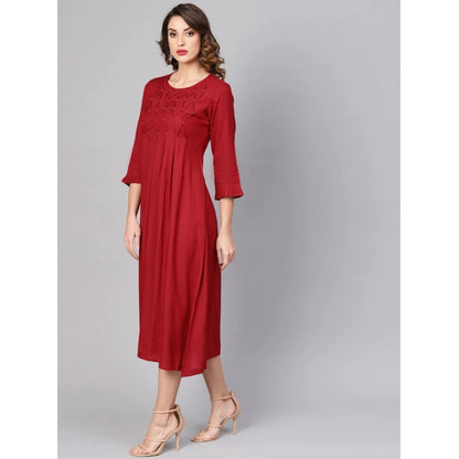 Roneclick Women's Casual 3/4 th Sleeve Solid Rayon Dobby Dress (Maroon)