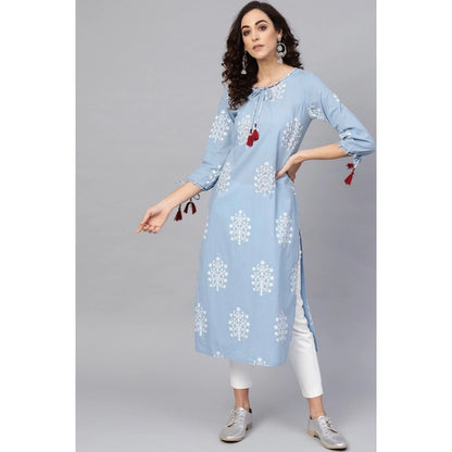 Roneclick Women's Casual 3/4 th Sleeve Embroidery Cambric Cotton Kurti (Blue)