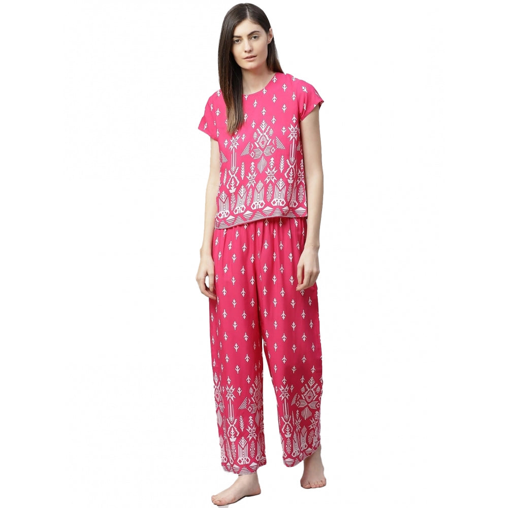 Roneclick Women's Casual Short Sleeve Printed Rayon Pajama Set (Pink)