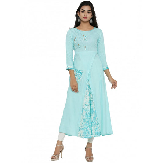 Roneclick Women's Casual 3/4 th Sleeve Embroidery Rayon Kurti (Sky Blue)