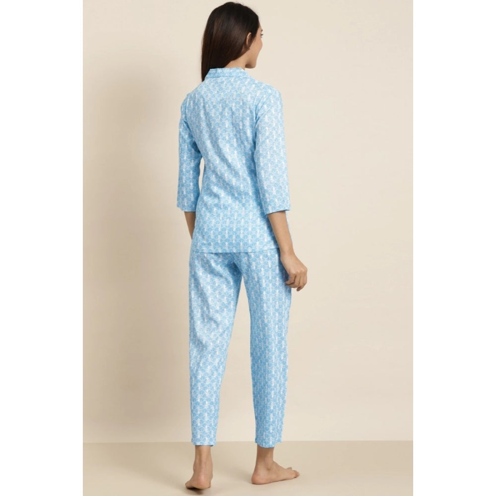 Roneclick Women's Casual 3/4 th Sleeve Floral Printed Rayon Shirt With Pyjama Pant Night Suit Set (Blue)