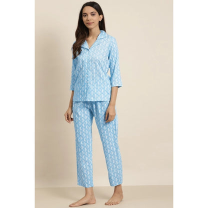 Roneclick Women's Casual 3/4 th Sleeve Floral Printed Rayon Shirt With Pyjama Pant Night Suit Set (Blue)