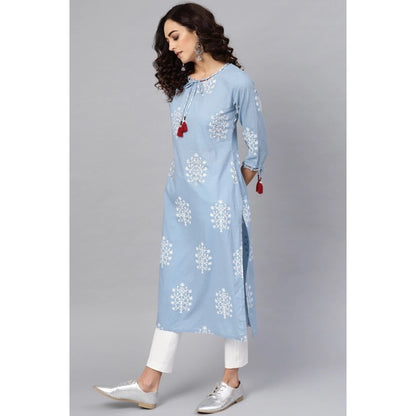 Roneclick Women's Casual 3/4 th Sleeve Embroidery Cambric Cotton Kurti (Blue)