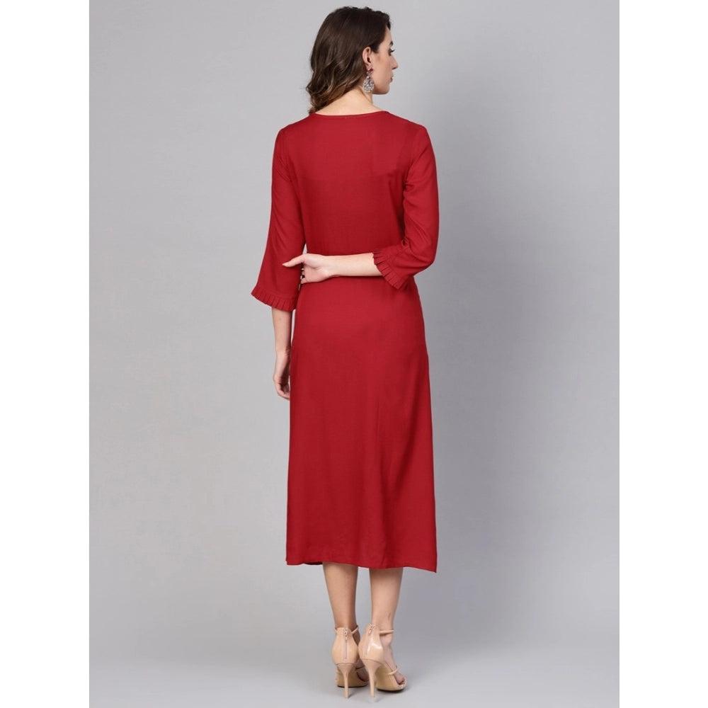 Roneclick Women's Casual 3/4 th Sleeve Solid Rayon Dobby Dress (Maroon)