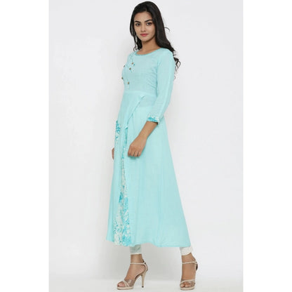 Roneclick Women's Casual 3/4 th Sleeve Embroidery Rayon Kurti (Sky Blue)