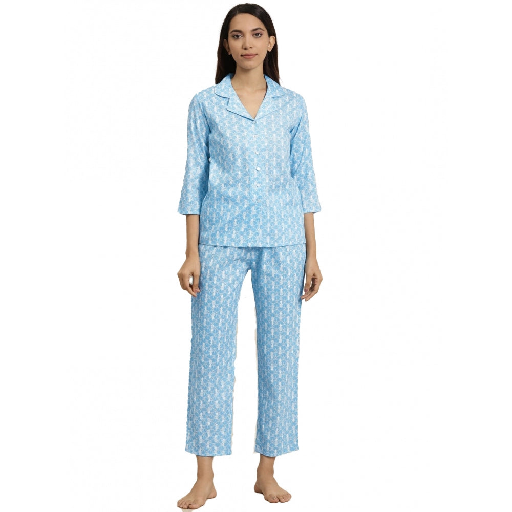 Roneclick Women's Casual 3/4 th Sleeve Floral Printed Rayon Shirt With Pyjama Pant Night Suit Set (Blue)