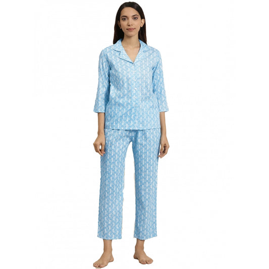 Roneclick Women's Casual 3/4 th Sleeve Floral Printed Rayon Shirt With Pyjama Pant Night Suit Set (Blue)