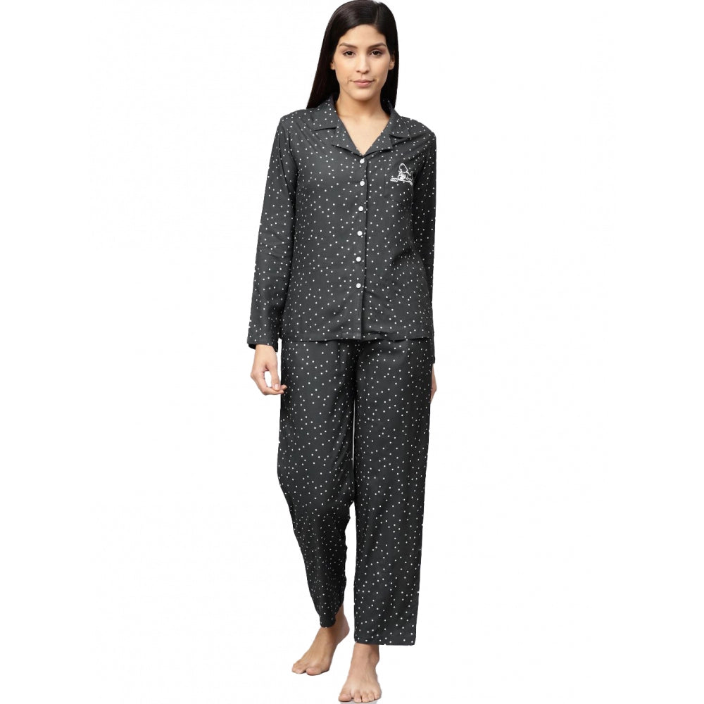 Roneclick Women's Casual Full Sleeves Polka Dot Printed Rayon Shirt With Pyjama Pant Night Suit Set (Grey)