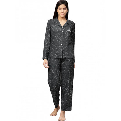 Roneclick Women's Casual Full Sleeves Polka Dot Printed Rayon Shirt With Pyjama Pant Night Suit Set (Grey)