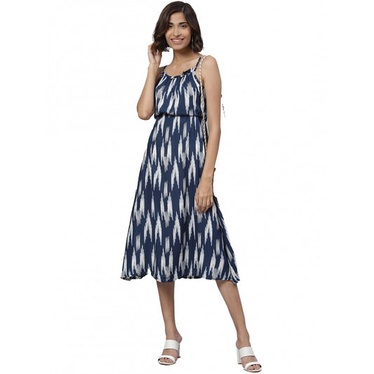 Roneclick Women's Casual Sleeveless Ikat Print Rayon Dress (Blue)