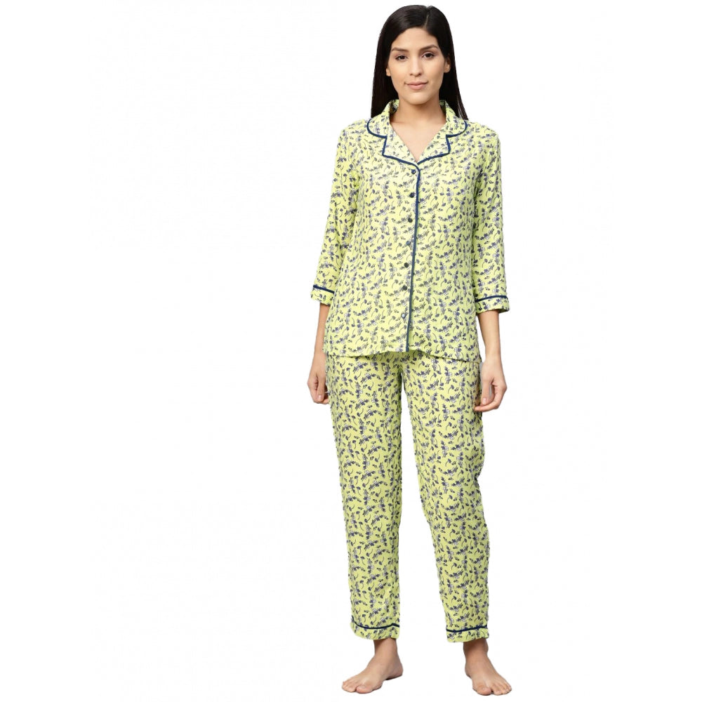 Roneclick Women's Casual 3/4 Sleeve Floral Printed Rayon Shirt With Pyjama Pant Night Suit Set (Green)