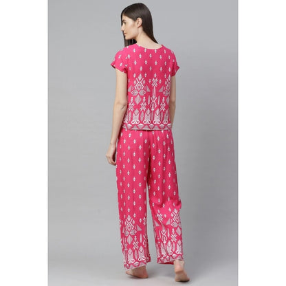 Roneclick Women's Casual Short Sleeve Printed Rayon Pajama Set (Pink)