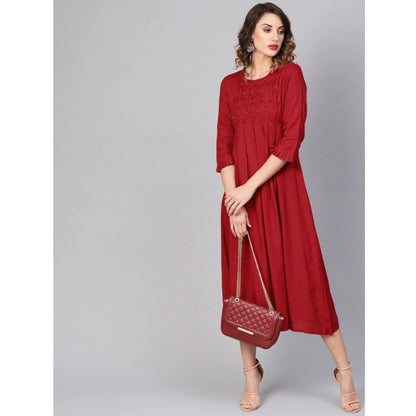 Roneclick Women's Casual 3/4 th Sleeve Solid Rayon Dobby Dress (Maroon)