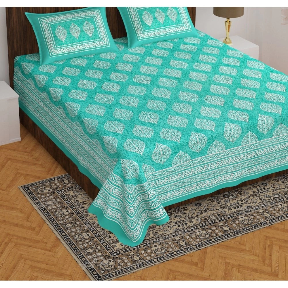 Roneclick Cotton Printed Queen Size Bedsheet With 2 Pillow Covers (Sea Green, 90x100 Inch)