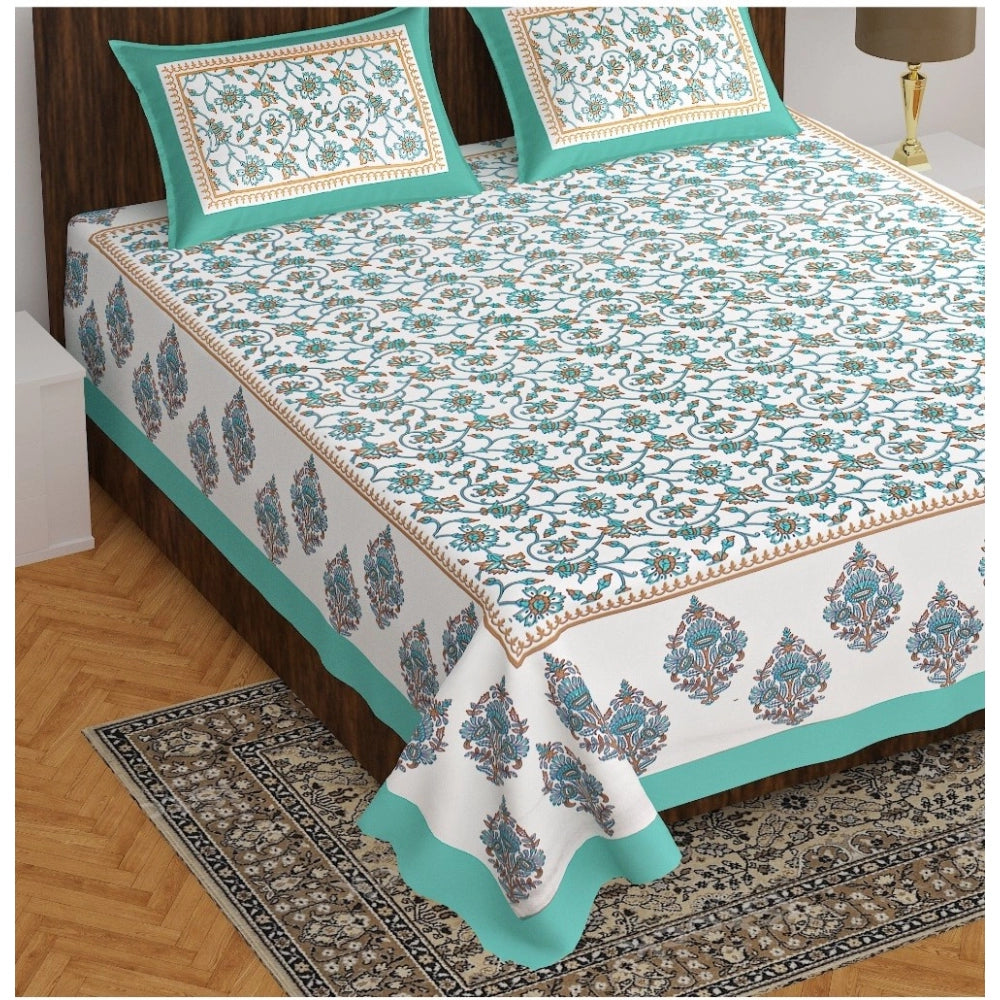 Roneclick Cotton Printed Queen Size Bedsheet With 2 Pillow Covers (Sea Green, 90x100 Inch)