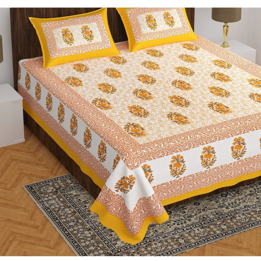 Roneclick Cotton Printed Queen Size Bedsheet With 2 Pillow Covers (Mustard, 90x100 Inch)