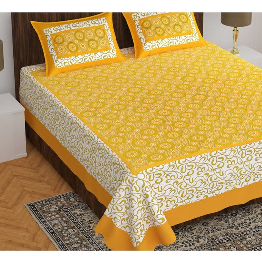 Roneclick Cotton Printed Queen Size Bedsheet With 2 Pillow Covers (Mustard, 90x100 Inch)