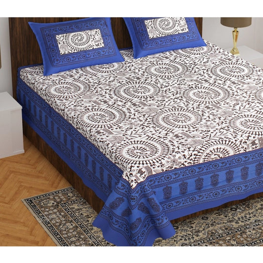 Roneclick Cotton Printed Queen Size Bedsheet With 2 Pillow Covers (Blue, 90x100 Inch)