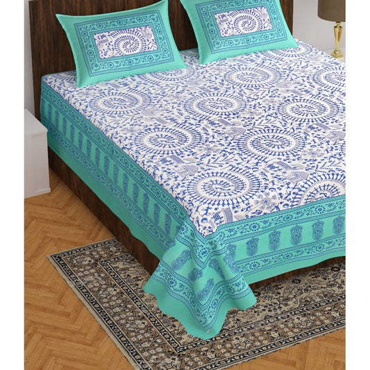 Roneclick Cotton Printed Queen Size Bedsheet With 2 Pillow Covers (Sea Green, 90x100 Inch)