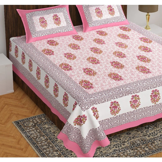 Roneclick Cotton Printed Queen Size Bedsheet With 2 Pillow Covers (Pink, 90x100 Inch)