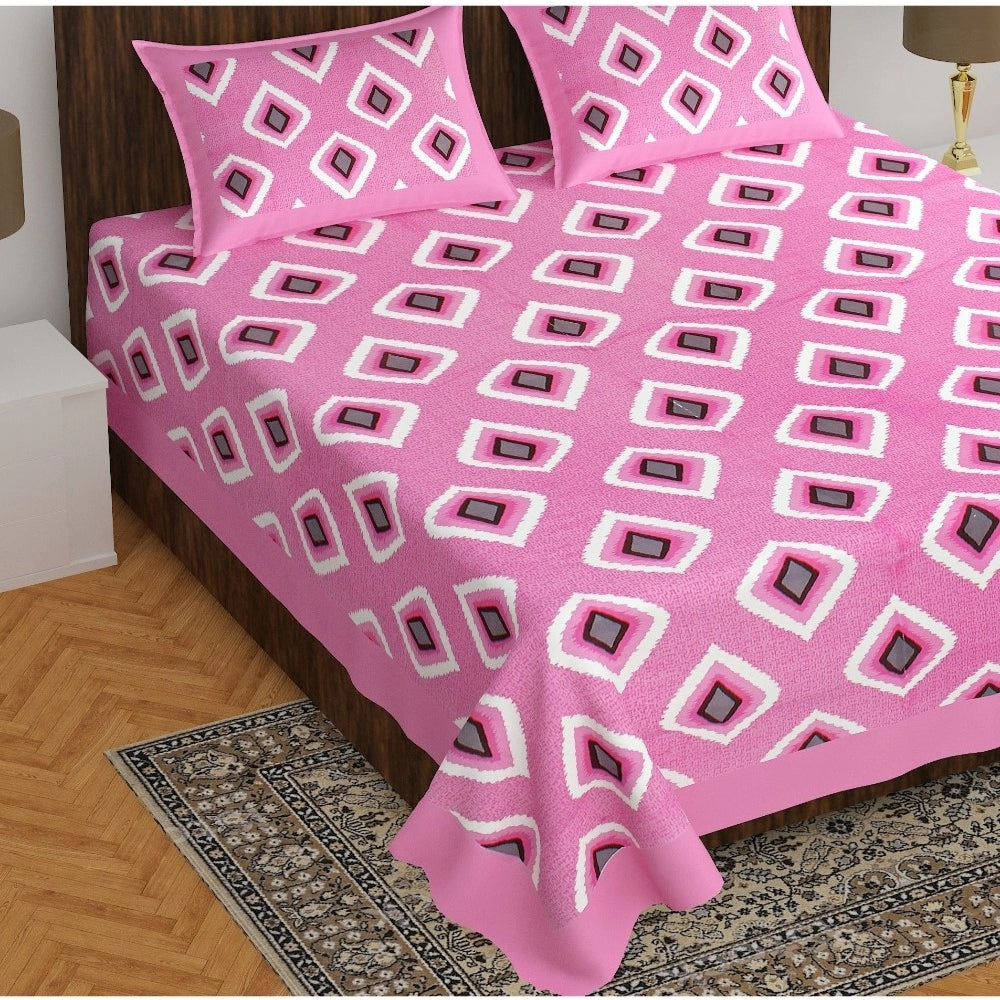 Roneclick Cotton Printed Queen Size Bedsheet With 2 Pillow Covers (Pink, 90x100 Inch)