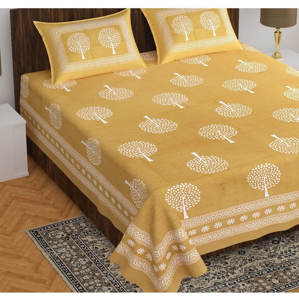 Roneclick Cotton Printed Queen Size Bedsheet With 2 Pillow Covers (Mustard, 90x100 Inch)