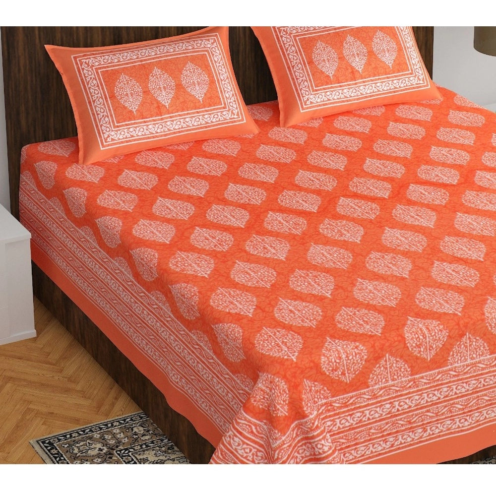 Roneclick Cotton Printed Queen Size Bedsheet With 2 Pillow Covers (Orange, 90x100 Inch)