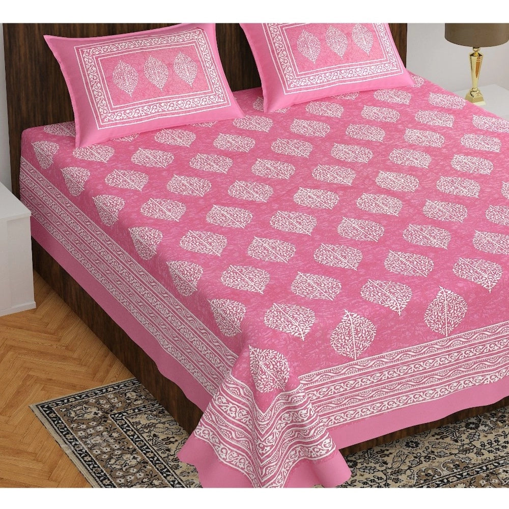 Roneclick Cotton Printed Queen Size Bedsheet With 2 Pillow Covers (Pink, 90x100 Inch)