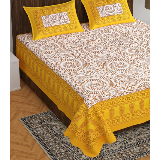 Roneclick Cotton Printed Queen Size Bedsheet With 2 Pillow Covers (Yellow, 90x100 Inch)