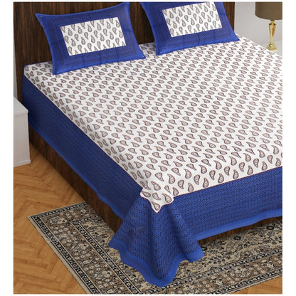 Roneclick Cotton Printed Queen Size Bedsheet With 2 Pillow Covers (Blue, 90x100 Inch)