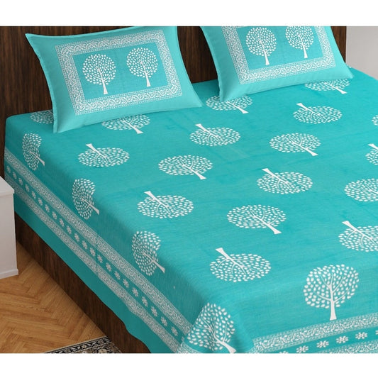 Roneclick Cotton Printed Queen Size Bedsheet With 2 Pillow Covers (Sky Blue, 90x100 Inch)