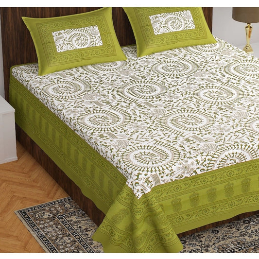 Roneclick Cotton Printed Queen Size Bedsheet With 2 Pillow Covers (Green, 90x100 Inch)