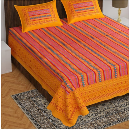 Roneclick Cotton Printed Queen Size Bedsheet With 2 Pillow Covers (Mustard, 90x100 Inch)