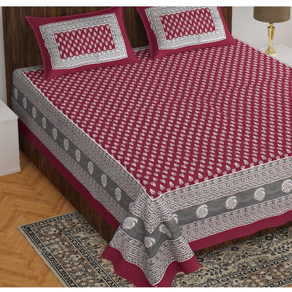 Roneclick Cotton Printed Queen Size Bedsheet With 2 Pillow Covers (Maroon, 90x100 Inch)