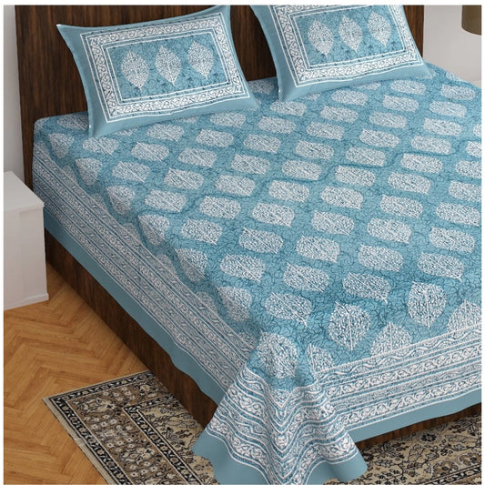 Roneclick Cotton Printed Queen Size Bedsheet With 2 Pillow Covers (Light Blue, 90x100 Inch)