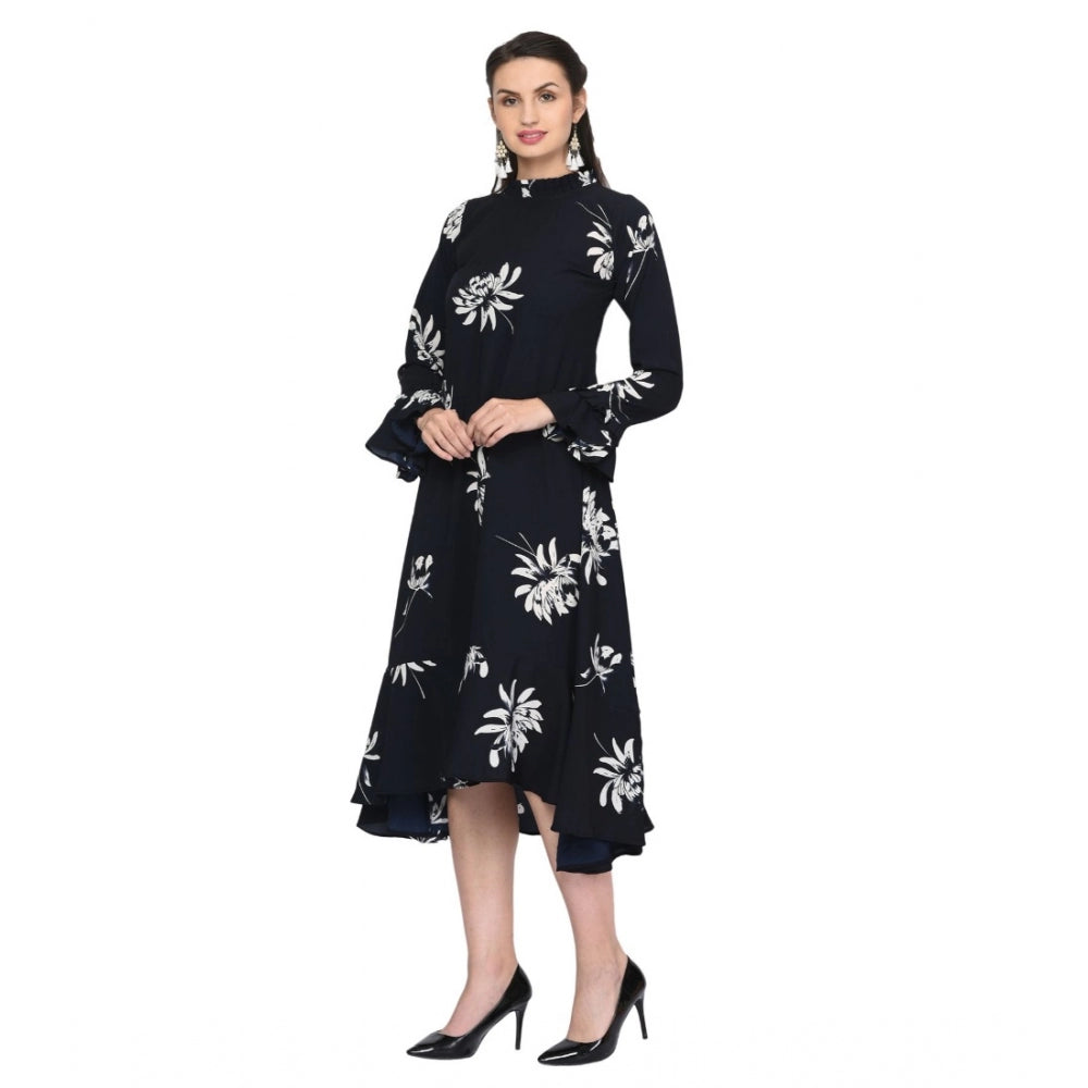 Roneclick Women's Cotton Blend Floral Full Sleeves Dress (Black)