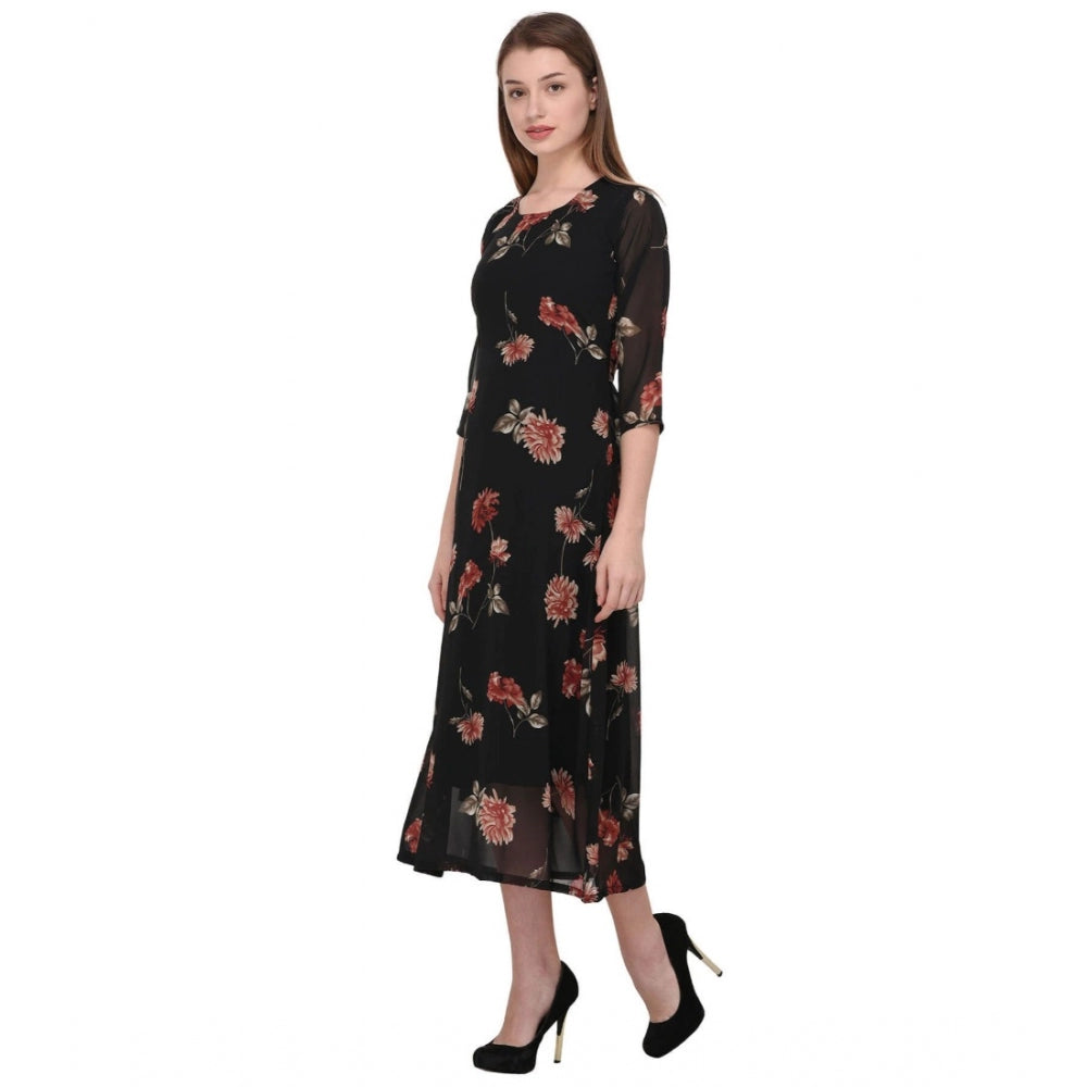 Roneclick Women's Cotton Blend Floral 3-4 Sleeve Dress (Black)