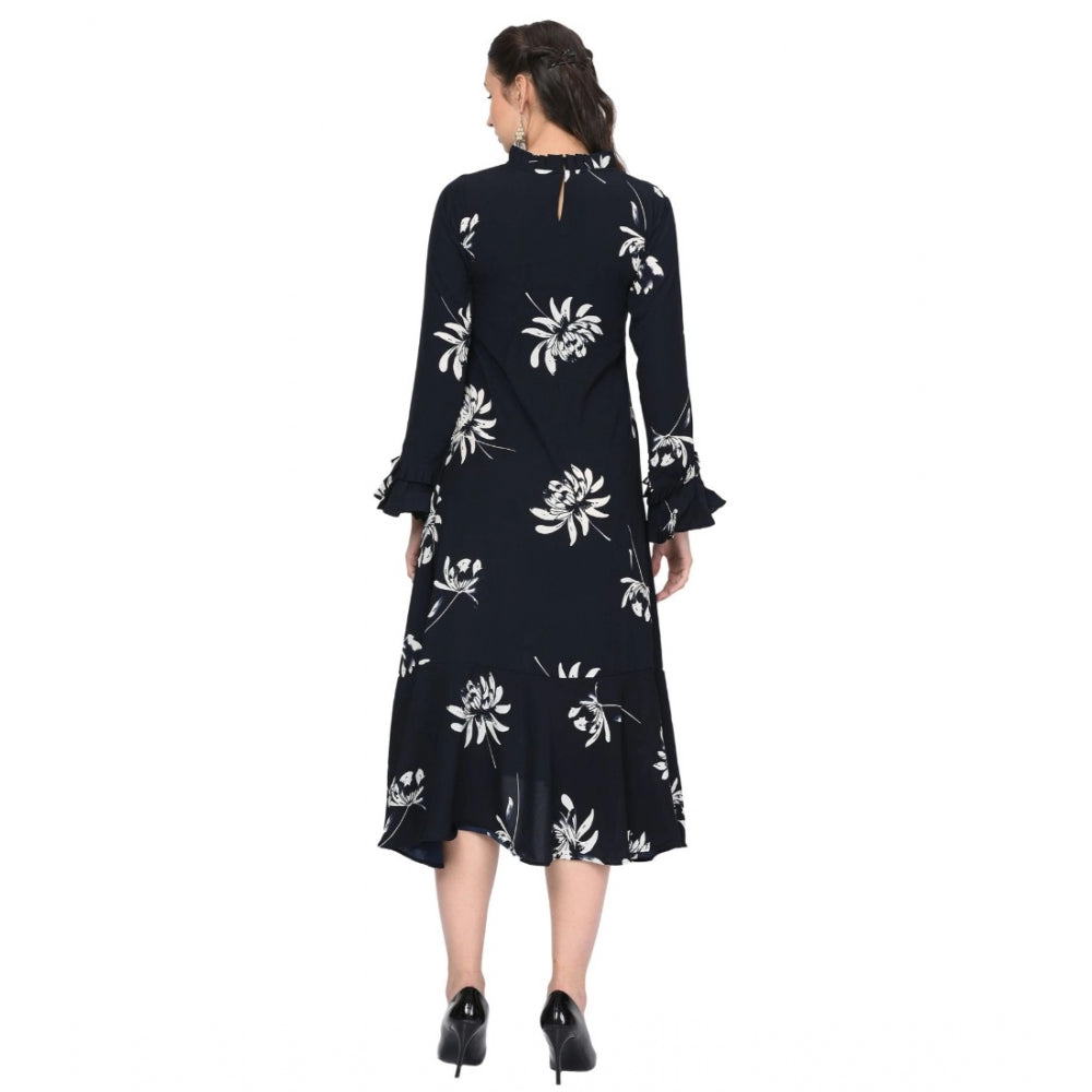 Roneclick Women's Cotton Blend Floral Full Sleeves Dress (Black)