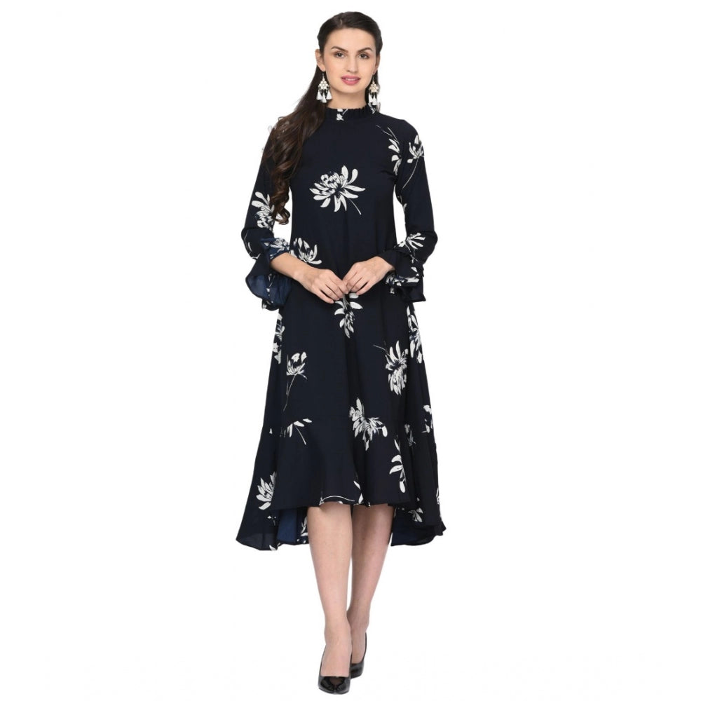 Roneclick Women's Cotton Blend Floral Full Sleeves Dress (Black)